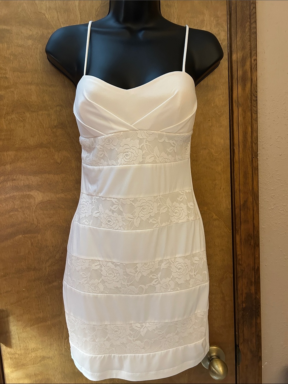 Sweet Storm White Lace-Striped Spaghetti Strap Mini Dress